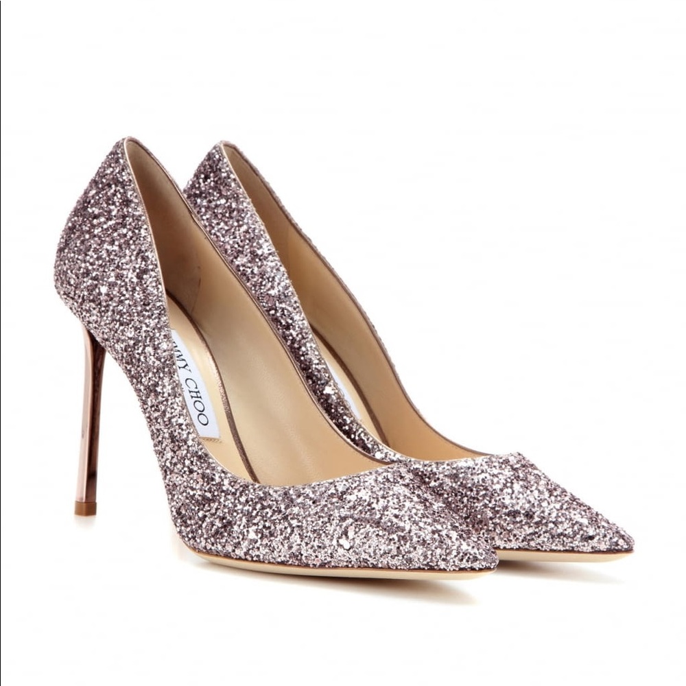 Jimmy Choo Romy 85mm Tea Rose Glitter Pumps